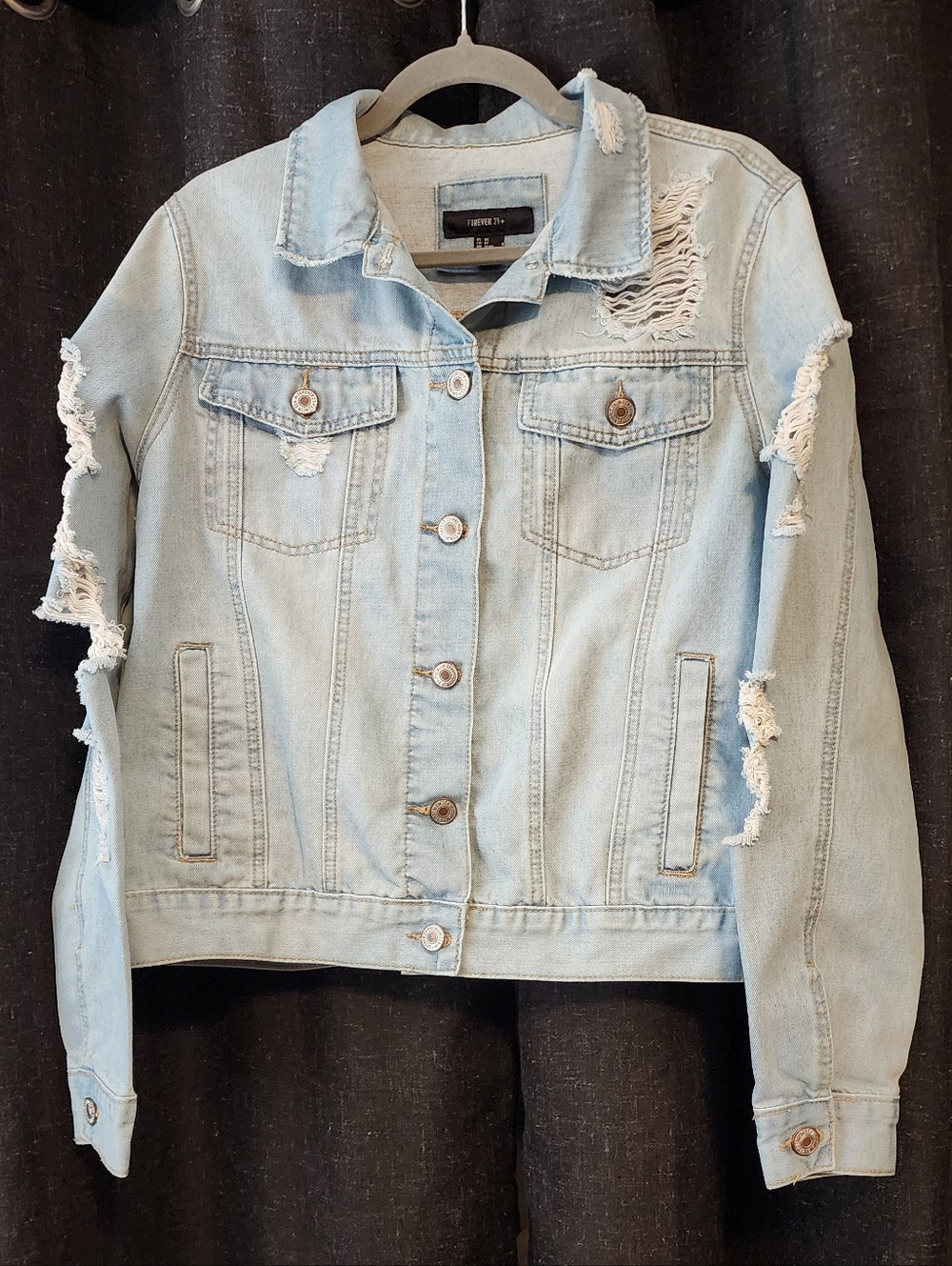 Forever 21 Plus Size 0X Distressed Light Wash Premium Denim Jacket